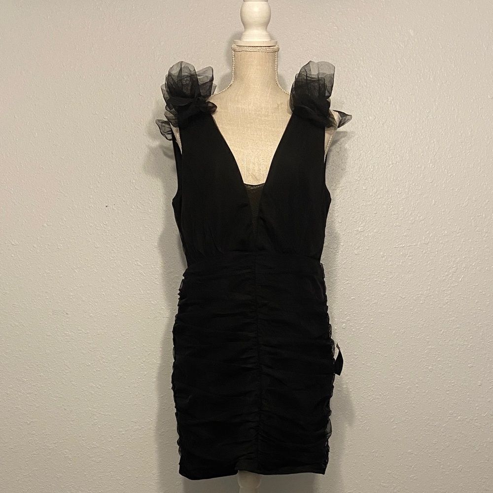 Lulus Black Tulle Ruched Mini Dress Little Black Dress Size XL NEW